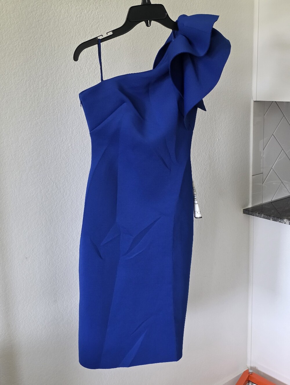 NWT Eliza J One Shoulder Ruffle Cocktail Dress Blue Size 2 Sheath Wedding Guest - Picture 2 of 9